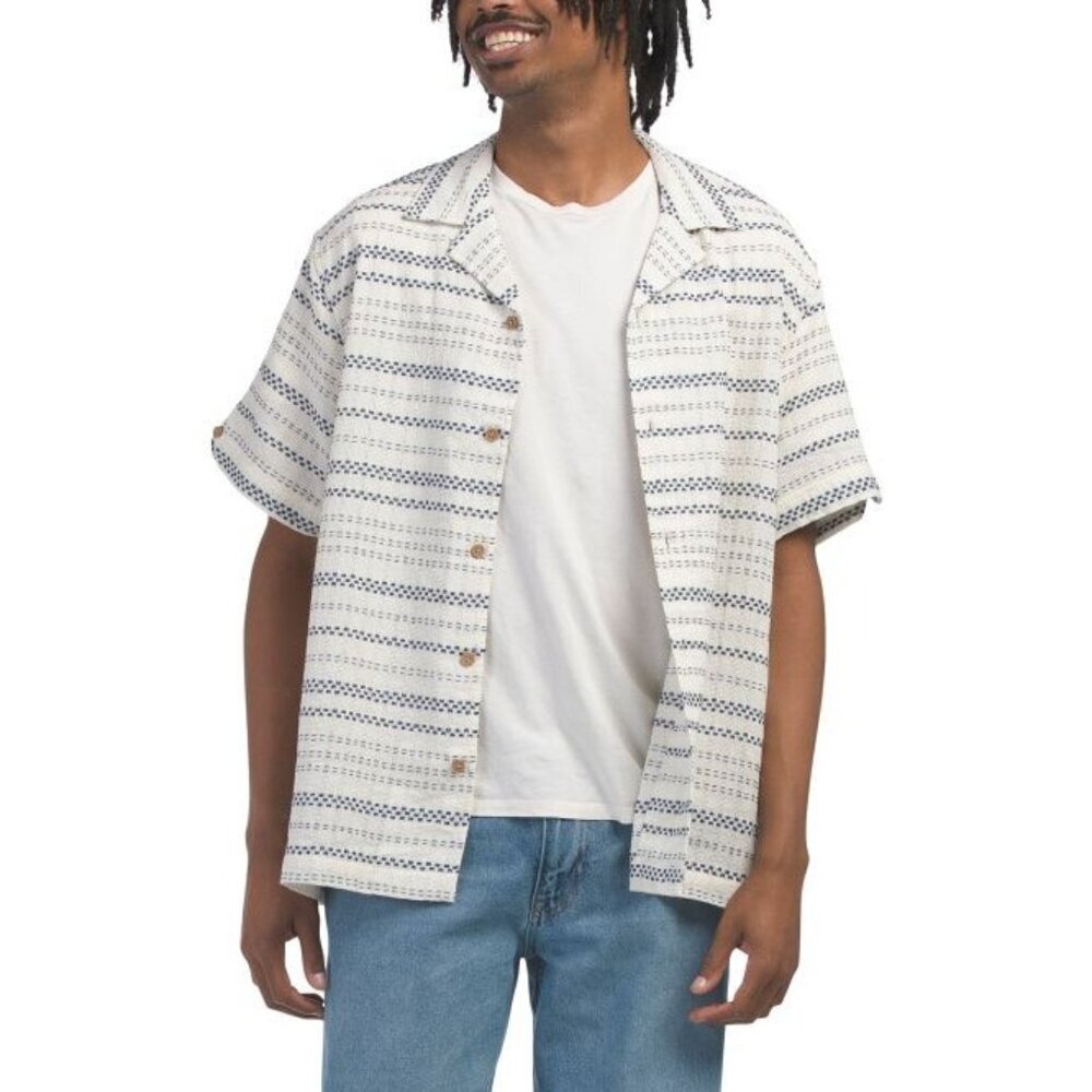 Ben Sherman Mens Ivory Stripe Short Sleeve Woven Button Down Camp Shirt Sz M New
